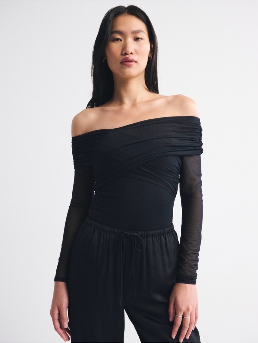 Abercrombie & Fitch Black Off-Shoulder Mesh Sleeve Bodysuit